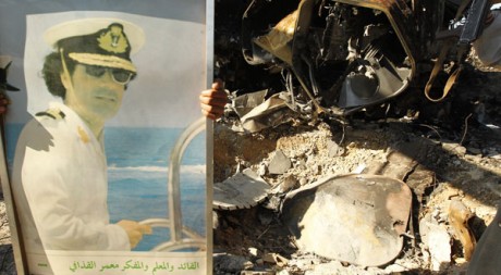 Le portrait de Kadhafi sur un site militaire bombardé par la coalition près de Tripoli, le 22 mars. Reuters/Zohra Bensemra