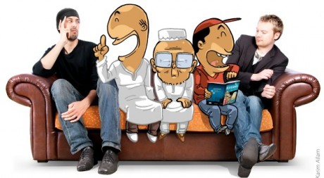 Greg Blondin et Noredine Allam assis avec les personnages de Muslim'show, courtesy of Editions BDouin