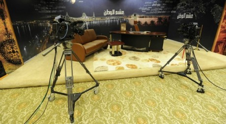 Plateau de télévision à Tripoli le 22 août  2011. Reuters/Paul Hackett 